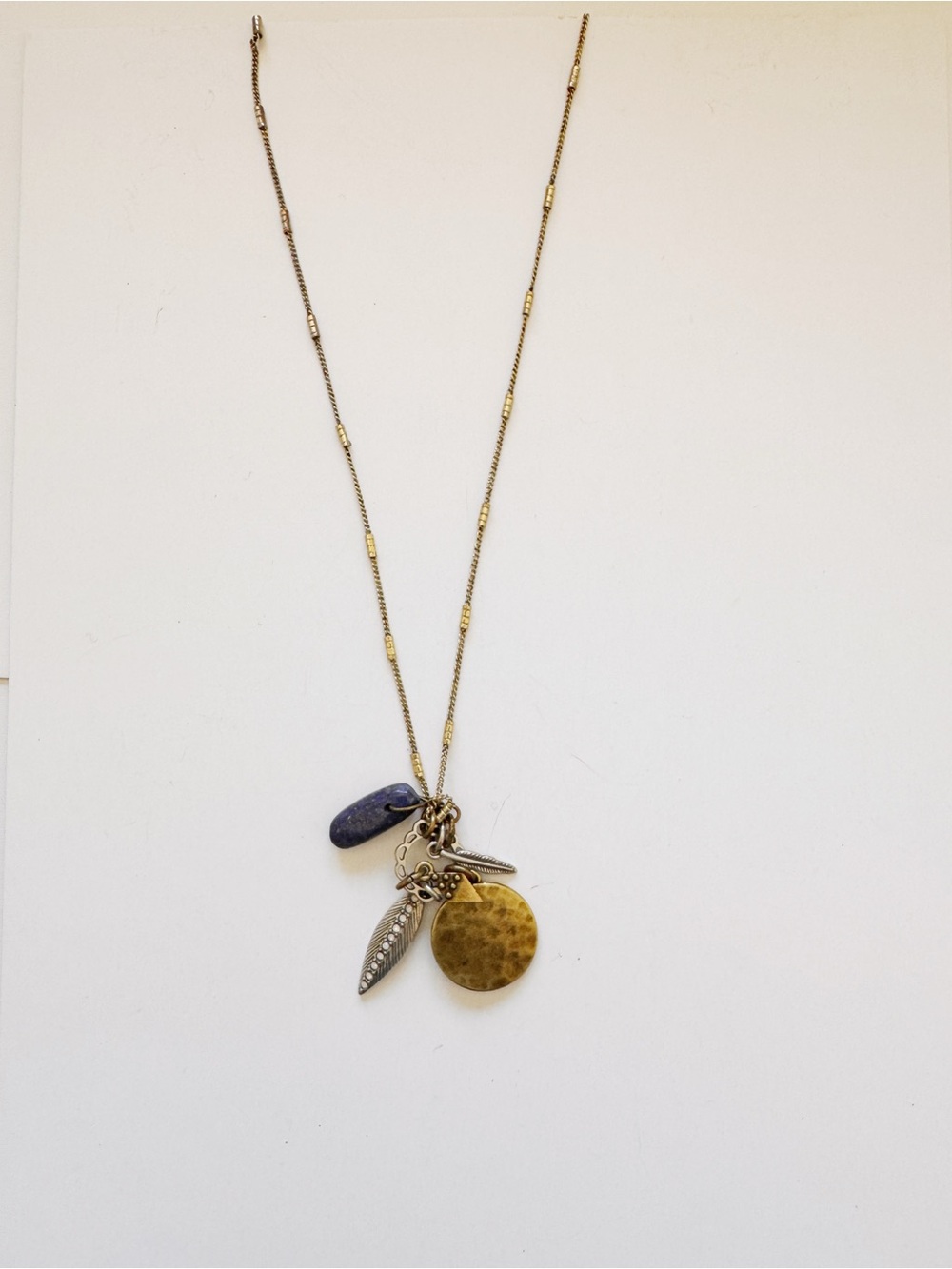 Hammered Gold Charm Necklace with Blue Stone Accent - Women Jewelry